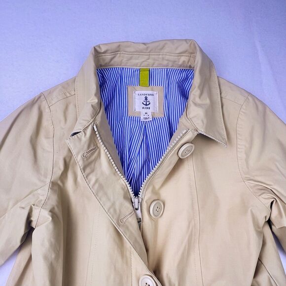 Lands' End Girl’s Khaki Trench Coat M 5-6 Single Breasted Inverted Pleat Lined - Picture 4 of 12